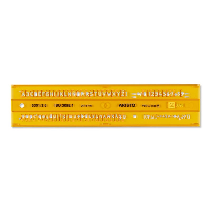 Aristo Aristo Lettering Stencil Straight 3.5mm H-Profil Suitable for Fountain Pens Crisp Letters, Numbers, Punctuations & Symbols Orange Transparent Plastic - Image 3