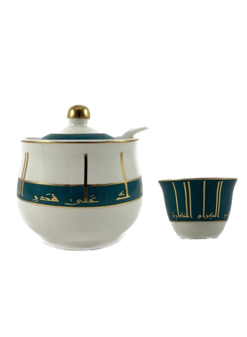 Homemaker 20-Piece Tea & Coffee Cups Set - 6 Tea Glass - 6 Coffee Cups - 6 Saucer - Sugar Bowl & Spoon - White & Clear & Petrol Green & Gold - Image 2
