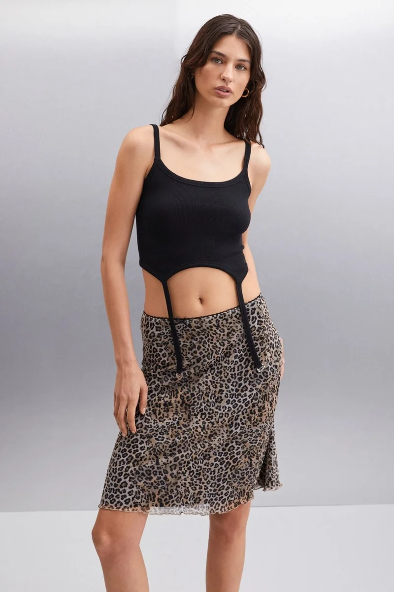GRIMELANGE Inert Women Leopard Print Slim Fit Lined Leopard Print Skirt