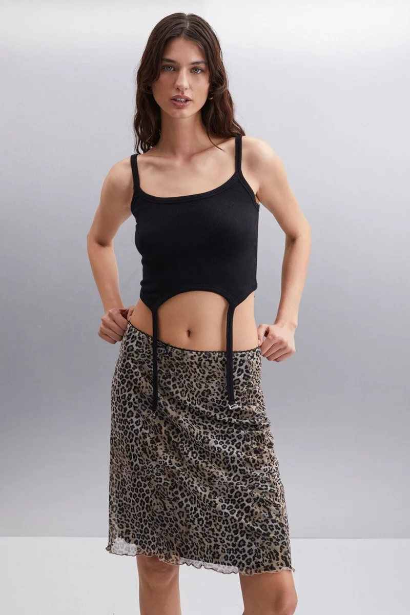 GRIMELANGE Inert Women Leopard Print Slim Fit Lined Leopard Print Skirt