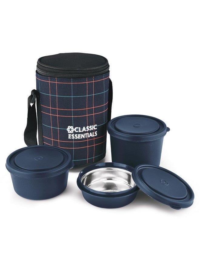 CLASSIC ESSENTIALS Lunch Box, Microwave Safe & Leak Proof, 3 Inside Steel Containers with BPA Free Lids (250ml, 400ml & 600ml), Insulated Fabric Bag (Blue) - Image 1