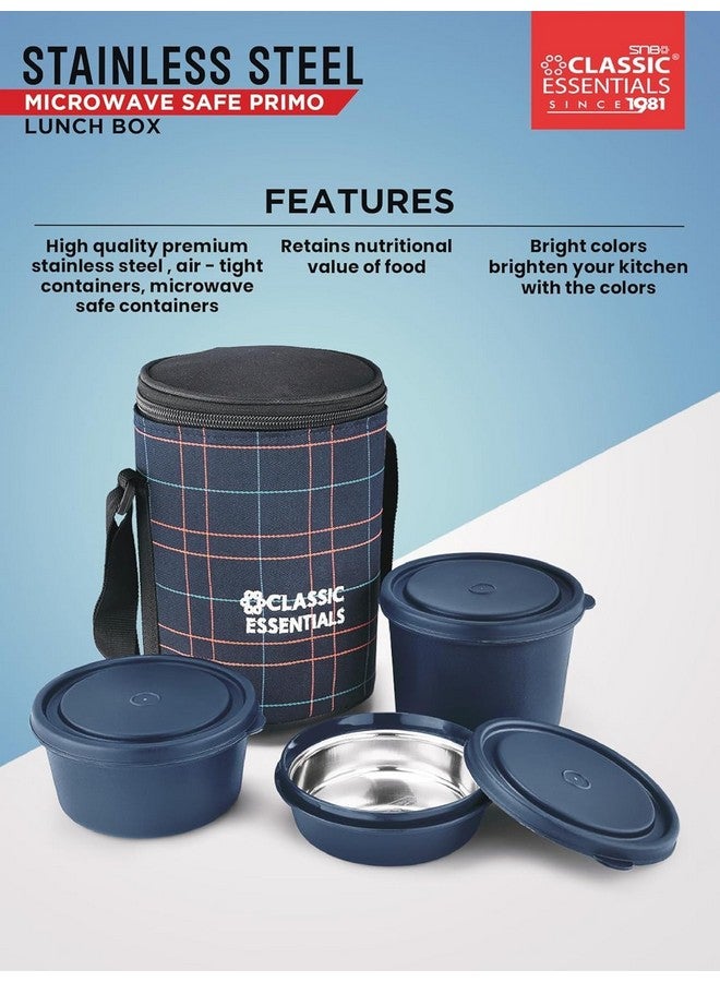 CLASSIC ESSENTIALS Lunch Box, Microwave Safe & Leak Proof, 3 Inside Steel Containers with BPA Free Lids (250ml, 400ml & 600ml), Insulated Fabric Bag (Blue) - Image 3
