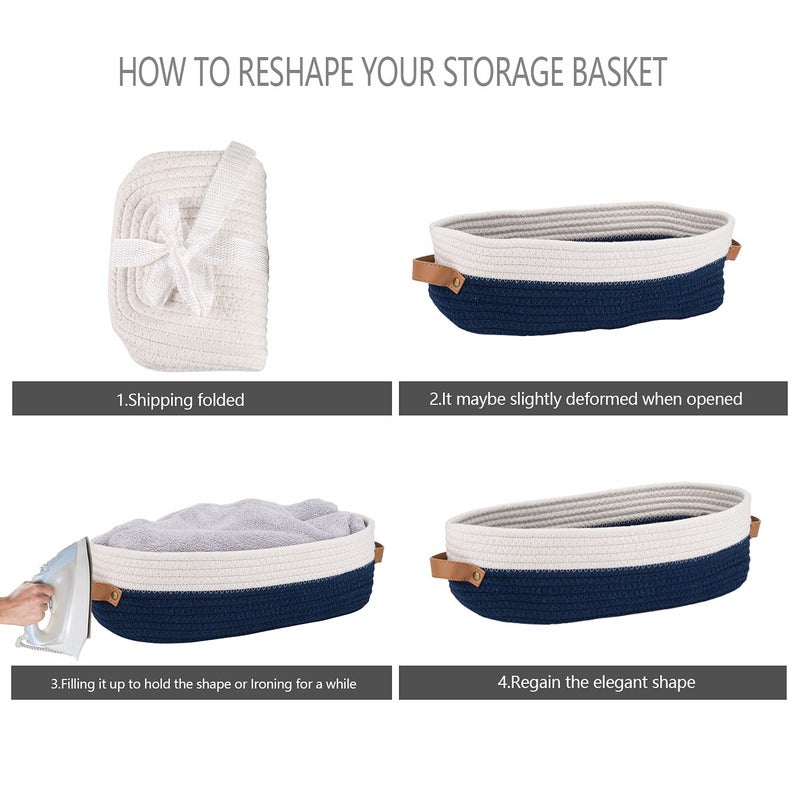 Oradrem Toilet Basket,Woven Storage Basket for Toilet Tank Top Farmhouse Home Decor Organizing Baskets 13"x5.9"x4" Navy Stitching White - Image 4