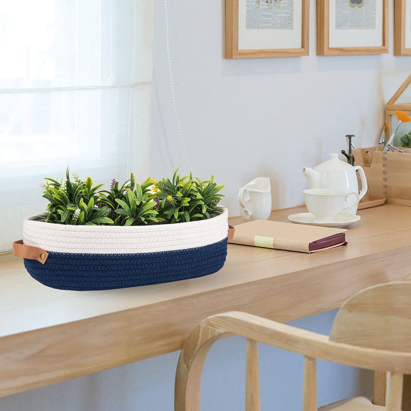 Oradrem Toilet Basket,Woven Storage Basket for Toilet Tank Top Farmhouse Home Decor Organizing Baskets 13"x5.9"x4" Navy Stitching White - Image 2