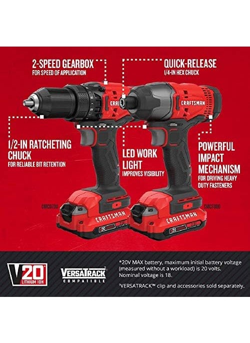 CRAFTSMAN CRAFTSMAN V20 MAX Cordless Drill and Impact Driver Power Tool Combo Kit with 2 Batteries and Charger CMCK200C2AM  - Image 2
