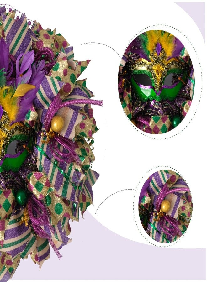 Egolot 16 Inch Mardi Gras Wreath for Front Door, Carnival Purple Green Gold Wreath for Indoor Outdoor, Venetian Mask Wreath for Party - Image 2