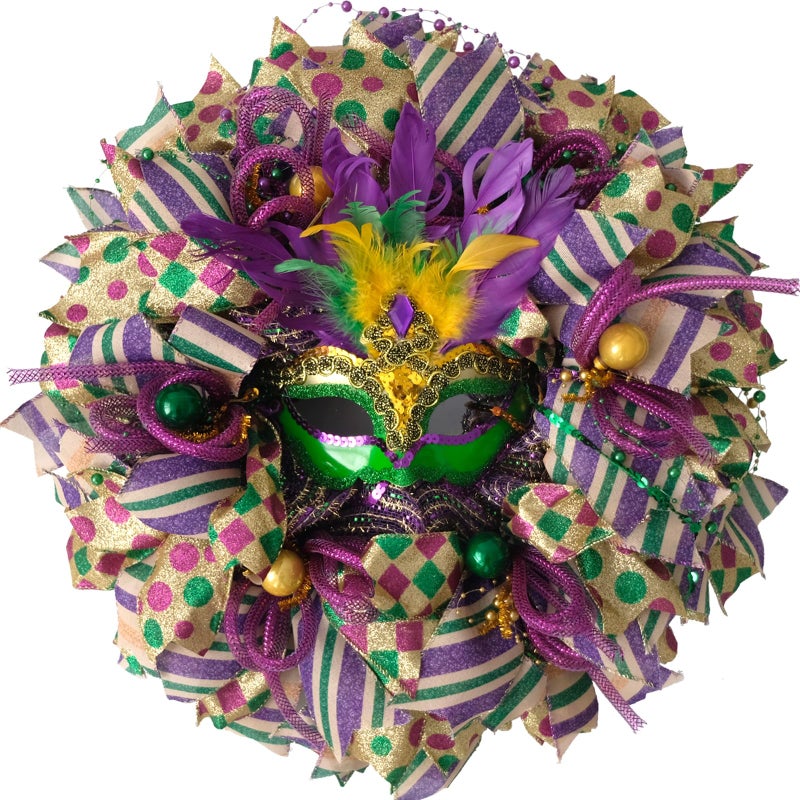 Egolot 16 Inch Mardi Gras Wreath for Front Door, Carnival Purple Green Gold Wreath for Indoor Outdoor, Venetian Mask Wreath for Party - Image 1