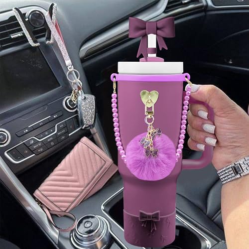 Hpebl 7PCS Dark Purple of Stanley Cup Accessories Set 30/40 Oz Pearl Bow Charms for Stanley Decorations Water Bottle Tumbler Accessories Including Bow Straw Topper, Pom Pom Keychain, Tumbler Boot - Image 5