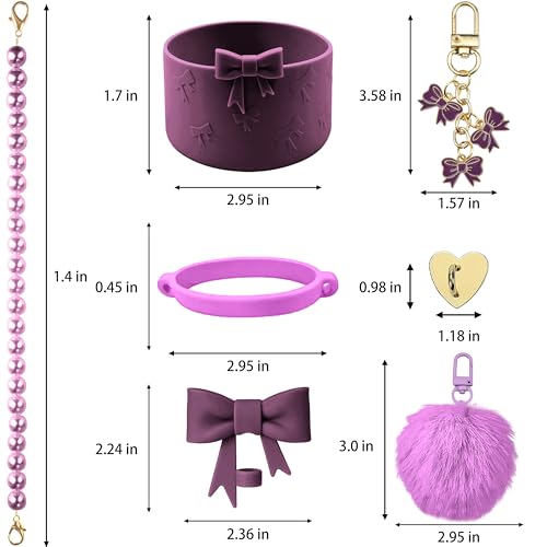 Hpebl 7PCS Dark Purple of Stanley Cup Accessories Set 30/40 Oz Pearl Bow Charms for Stanley Decorations Water Bottle Tumbler Accessories Including Bow Straw Topper, Pom Pom Keychain, Tumbler Boot - Image 3