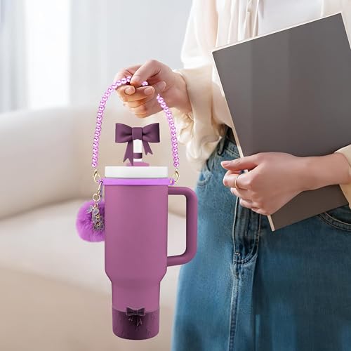 Hpebl 7PCS Dark Purple of Stanley Cup Accessories Set 30/40 Oz Pearl Bow Charms for Stanley Decorations Water Bottle Tumbler Accessories Including Bow Straw Topper, Pom Pom Keychain, Tumbler Boot - Image 4