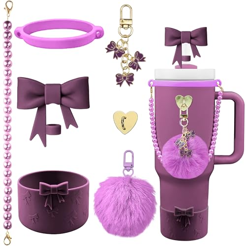 Hpebl 7PCS Dark Purple of Stanley Cup Accessories Set 30/40 Oz Pearl Bow Charms for Stanley Decorations Water Bottle Tumbler Accessories Including Bow Straw Topper, Pom Pom Keychain, Tumbler Boot - Image 1