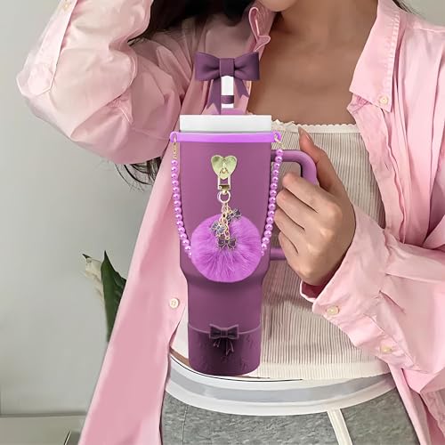 Hpebl 7PCS Dark Purple of Stanley Cup Accessories Set 30/40 Oz Pearl Bow Charms for Stanley Decorations Water Bottle Tumbler Accessories Including Bow Straw Topper, Pom Pom Keychain, Tumbler Boot - Image 2