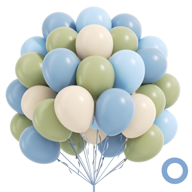 Leraqertra 60pcs Blue and Green Balloons 12inch with Dusty Pastel Blue Sage Green Sand White Balloons for Baby Shower Birthday Party Decorations - Image 1