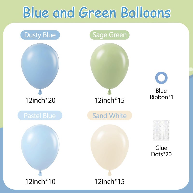 Leraqertra 60pcs Blue and Green Balloons 12inch with Dusty Pastel Blue Sage Green Sand White Balloons for Baby Shower Birthday Party Decorations - Image 2