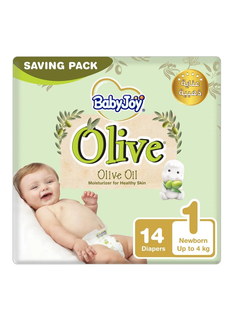 Baby Joy BabyJoy Olive Tape Style Diapers, 14 Pieces Saving Pack, Newborn Size 1, Up to 4kg - Breathable, Moisturizes, Compressed Air Channel, Waist Stretch 