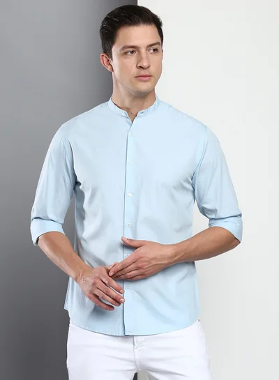 Dennis Lingo Men's Sky Blue Slim Fit Casual Spread Shirt
