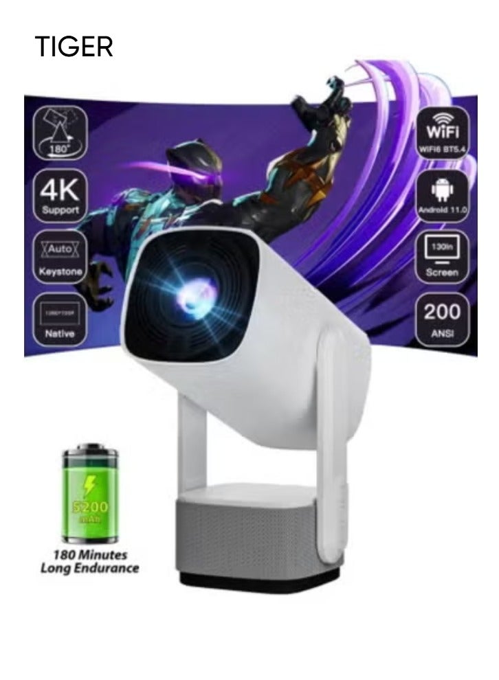TIGER Portable Pan-Tilt Smart Projector with 4K Support and 180-Inch HD Display – Dual-Band 5G/2.4G Wi-Fi, Android 11 OS, Auto Keystone Correction, HDMI & USB Connectivity, Built-In Speaker, Remote Control Included – Perfect for Home Theater, Gaming, and Professional Presentations - Image 1
