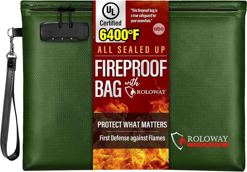 ROLOWAY Fireproof Document Bag 145 x 115 inch 6400 Fireproof Money Bag with Zipper for Cash Fire Safe Money Pouch with Lock Green