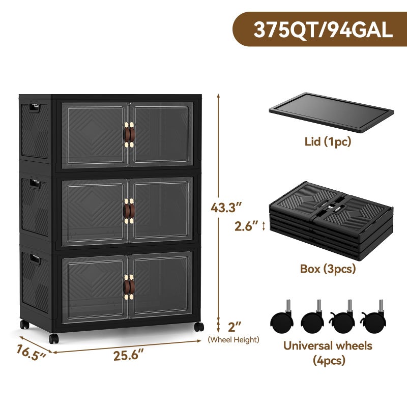SAILUN 375QT/94Gal Stackable Storage Bins with Lid, Collapsible Storage Bins With Doors and Wheels, Folding Plastic Cabinet Containers for Home Closet Organization, 3 Pack, Black - Image 2