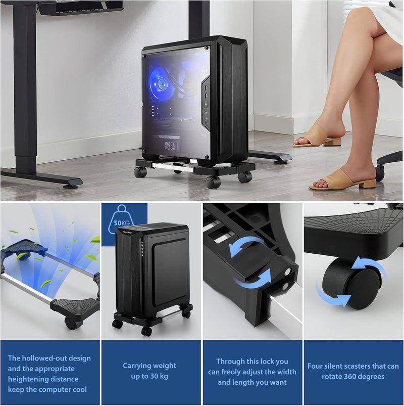 Hmseng Computer Tower Stand, Adjustable Mobile CPU Stand with 4 Rolling Caster Wheels, PC Tower Stand Fits Most PC Under Desk-Black - Image 5