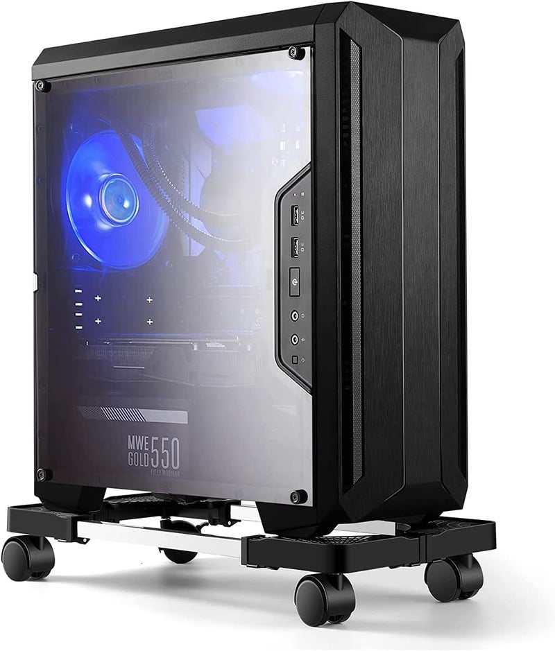 Hmseng Computer Tower Stand, Adjustable Mobile CPU Stand with 4 Rolling Caster Wheels, PC Tower Stand Fits Most PC Under Desk-Black - Image 1
