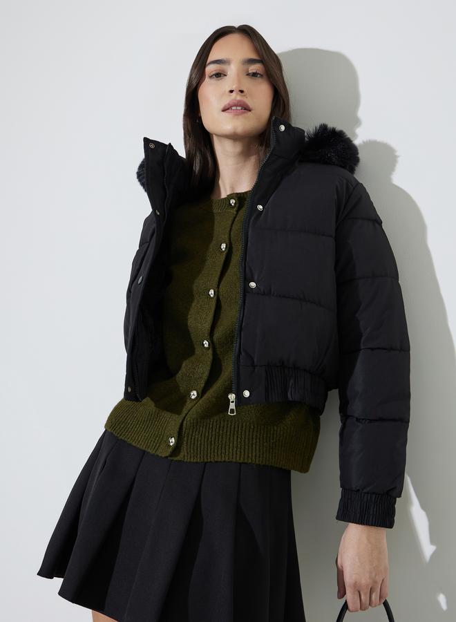 Styli Black Regular Fit Short Padded Jacket with Faux Fur Hood - Image 1