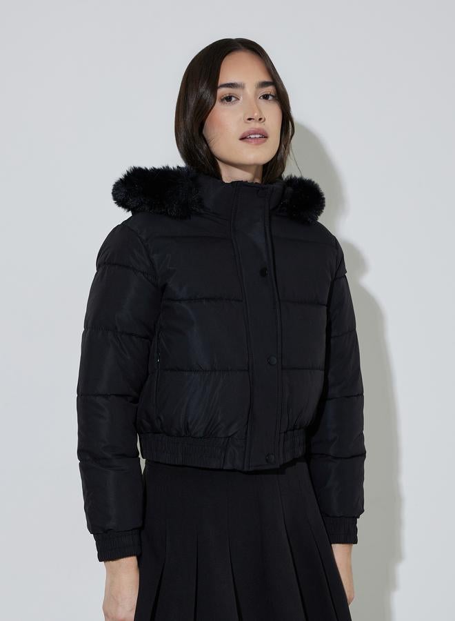 Styli Black Regular Fit Short Padded Jacket with Faux Fur Hood - Image 3