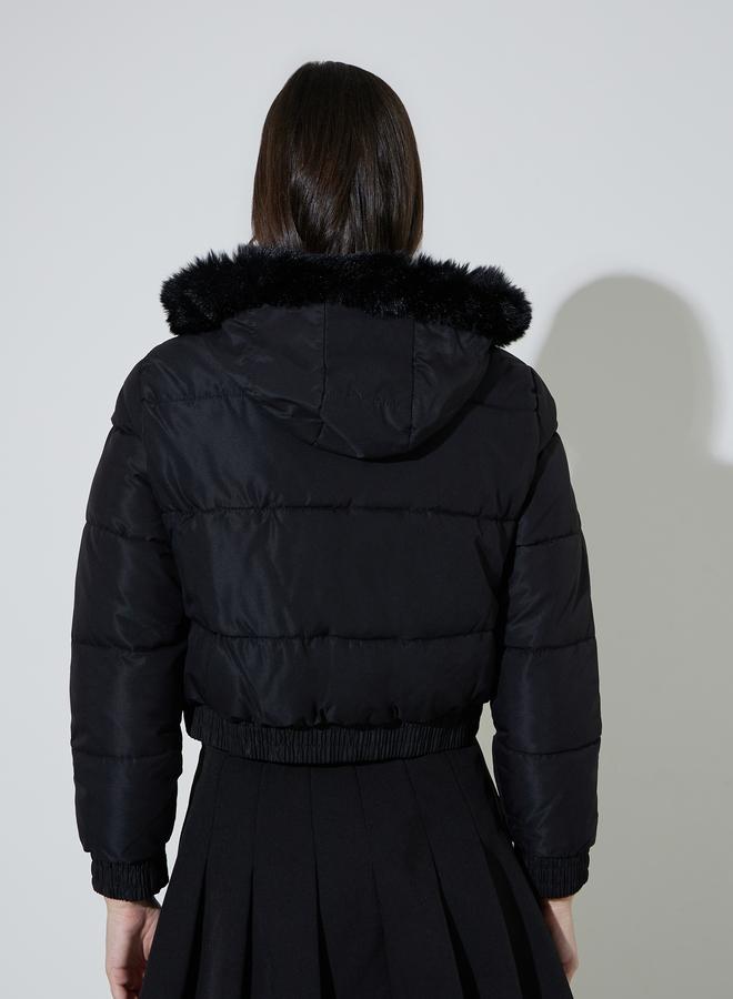 Styli Black Regular Fit Short Padded Jacket with Faux Fur Hood - Image 5