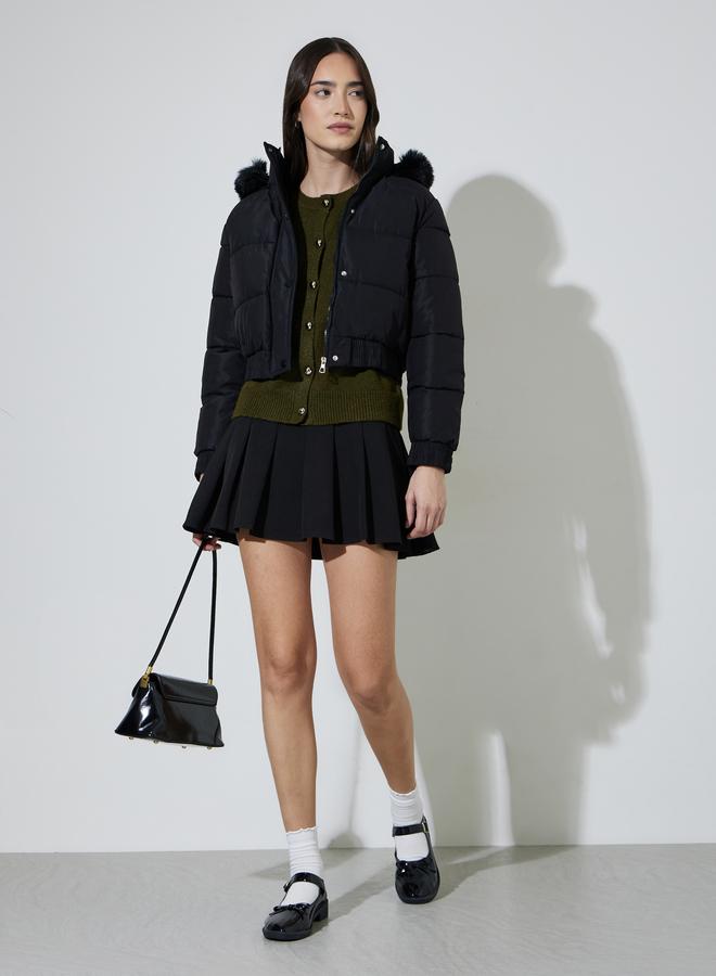 Styli Black Regular Fit Short Padded Jacket with Faux Fur Hood - Image 2