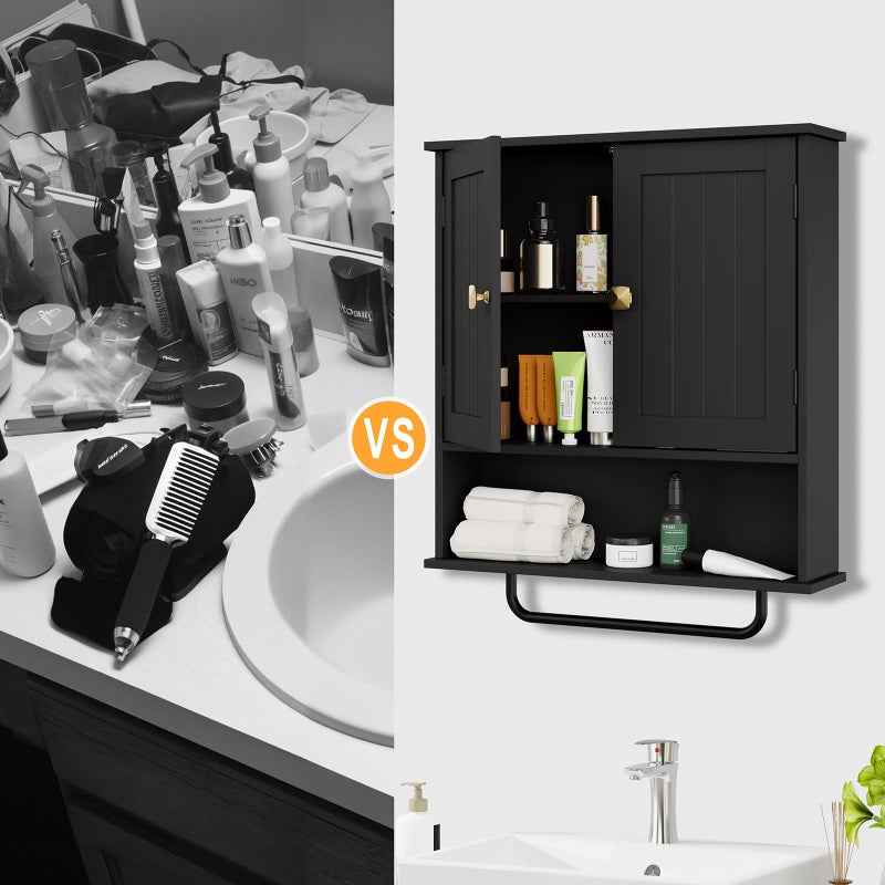 RRX Bathroom Cabinet Wall Mounted Medicine Cabinets with Towels Bar, Over The Toilet Storage Cabinet with 2 Doors and Adjustable Shelf, White Wall Cabinet for Bathroom Laundry Kitchen (Black) - Image 4