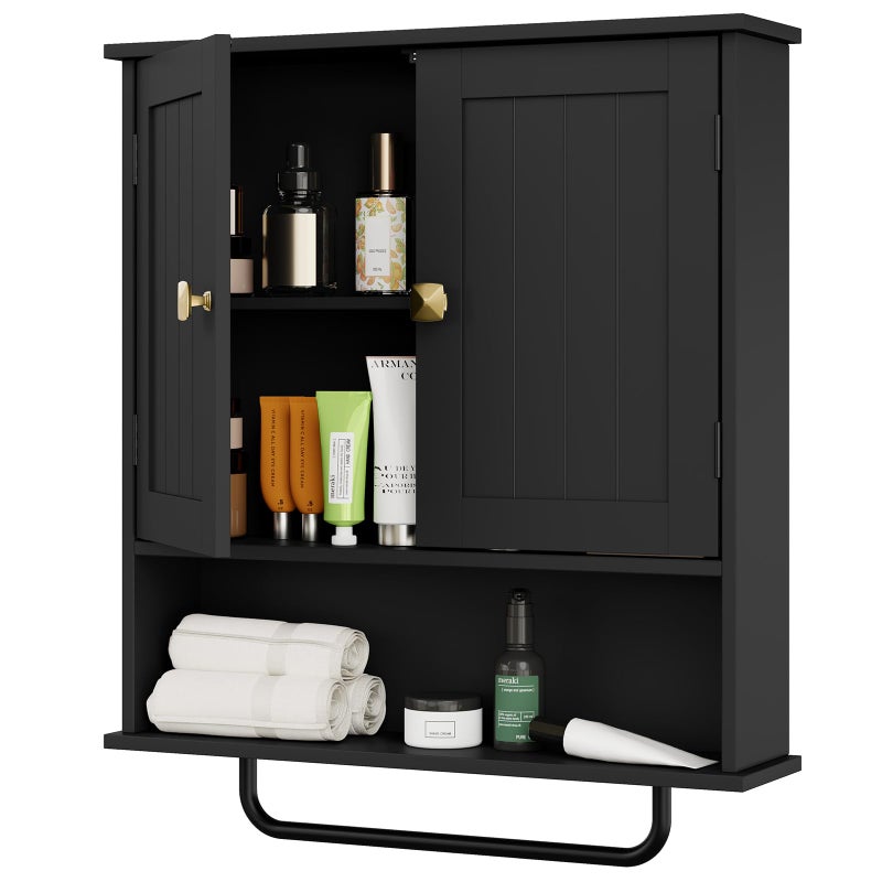 RRX Bathroom Cabinet Wall Mounted Medicine Cabinets with Towels Bar, Over The Toilet Storage Cabinet with 2 Doors and Adjustable Shelf, White Wall Cabinet for Bathroom Laundry Kitchen (Black) - Image 1