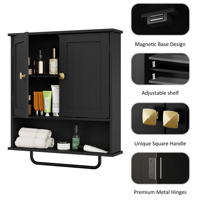 RRX Bathroom Cabinet Wall Mounted Medicine Cabinets with Towels Bar, Over The Toilet Storage Cabinet with 2 Doors and Adjustable Shelf, White Wall Cabinet for Bathroom Laundry Kitchen (Black) - Image 3