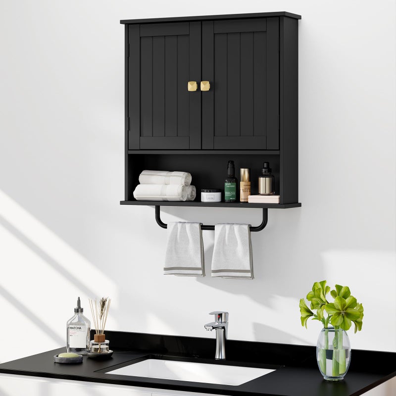 RRX Bathroom Cabinet Wall Mounted Medicine Cabinets with Towels Bar, Over The Toilet Storage Cabinet with 2 Doors and Adjustable Shelf, White Wall Cabinet for Bathroom Laundry Kitchen (Black) - Image 5