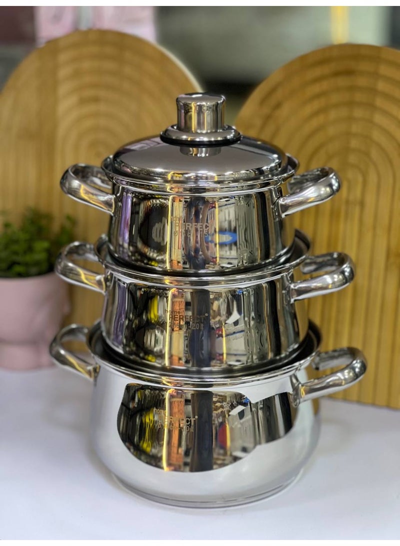 Perfect 3-piece stainless steel cookware set: 14 cm (1.5 L), 16 cm (2 L), 18 cm (3 L)