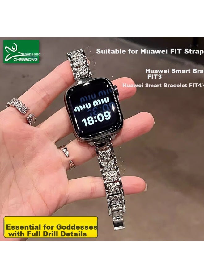 Chensong سوار ساعة جديد سماوي نجمي لـ Huawei Watch Fit 3/Fit 4/4 Pro، سوار معصم ماسي كامل مع سلسلة معدنية عالية الجودة للنساء، فضي - Image 1