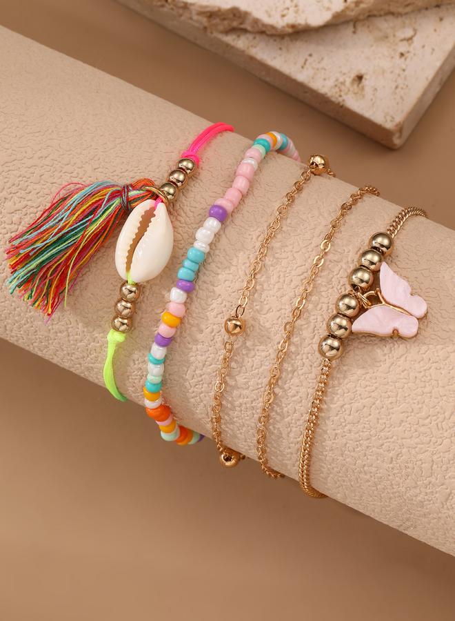 Take Two Set of 5 - Girls Bohemian Shell Seed Bead Anklet - Image 1