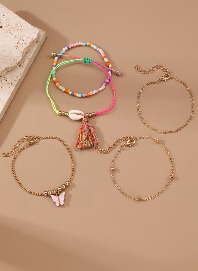Take Two Set of 5 - Girls Bohemian Shell Seed Bead Anklet - Image 2