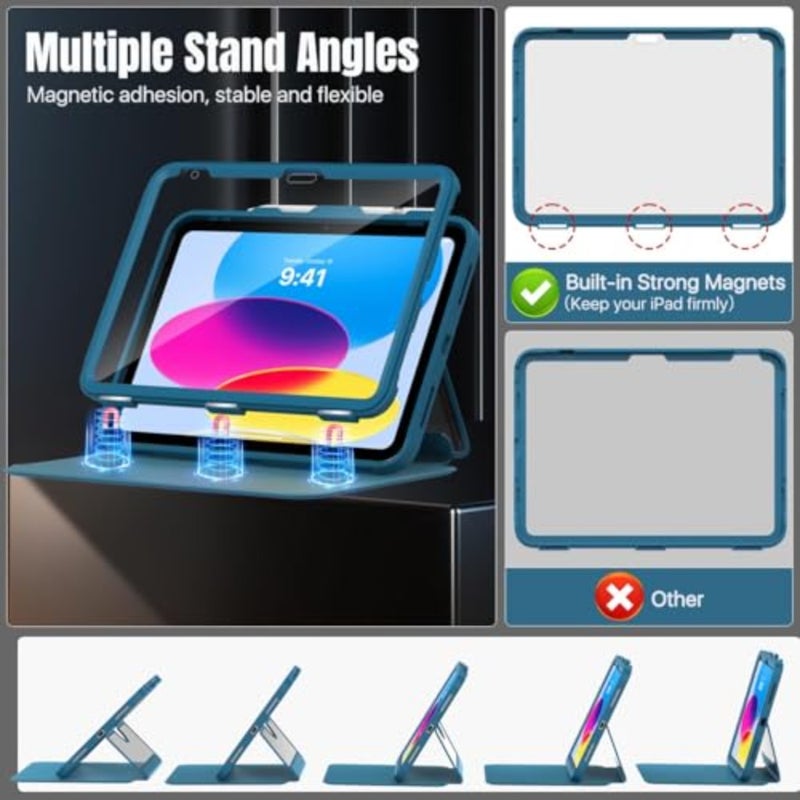 حافظة iPad شفافة شديدة التحمل للجيل 11/10 2025/2022، أزرق طاووس، مع حامل أقلام، واقي شاشة مدمج وحامل مغناطيسي متعدد الزوايا - Image 4