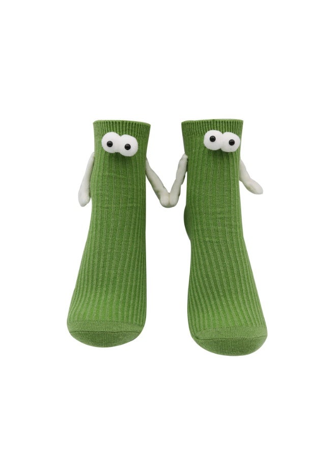 2 Pairs Children's Hand Holding Socks, Boy and Girl Mid-Calf Socks, Solid Color Cute Funny Student Sports Socks, 3D Doll Couple Sock, Funny Gift, Hand In Hand Socks, Magnetic Socks (Green, 26CM) - Image 1