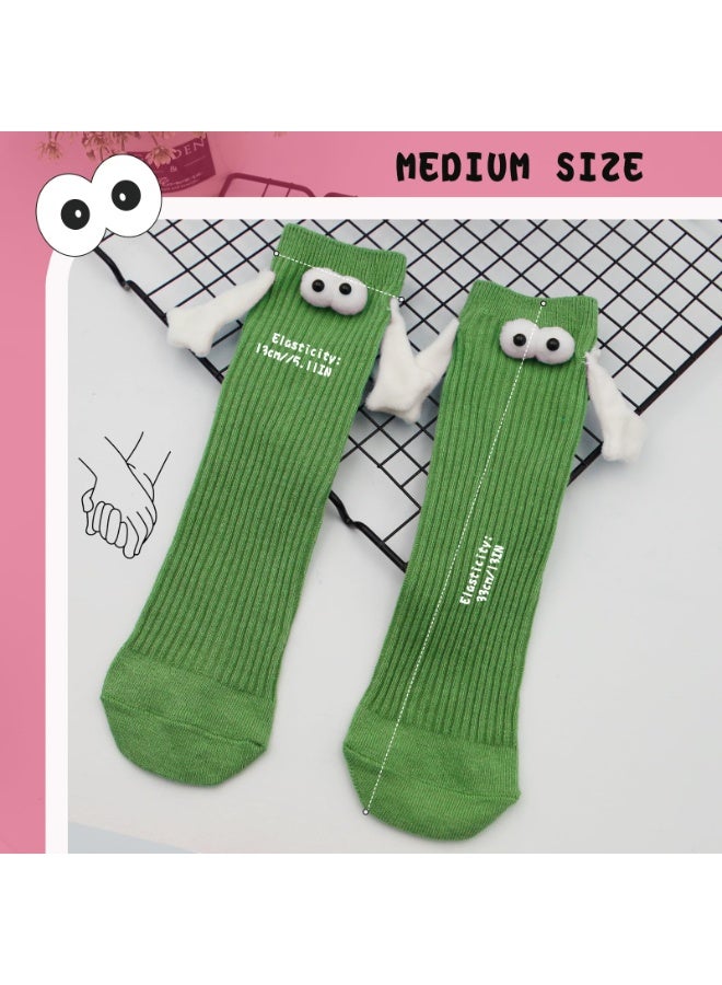 2 Pairs Children's Hand Holding Socks, Boy and Girl Mid-Calf Socks, Solid Color Cute Funny Student Sports Socks, 3D Doll Couple Sock, Funny Gift, Hand In Hand Socks, Magnetic Socks (Green, 26CM) - Image 2