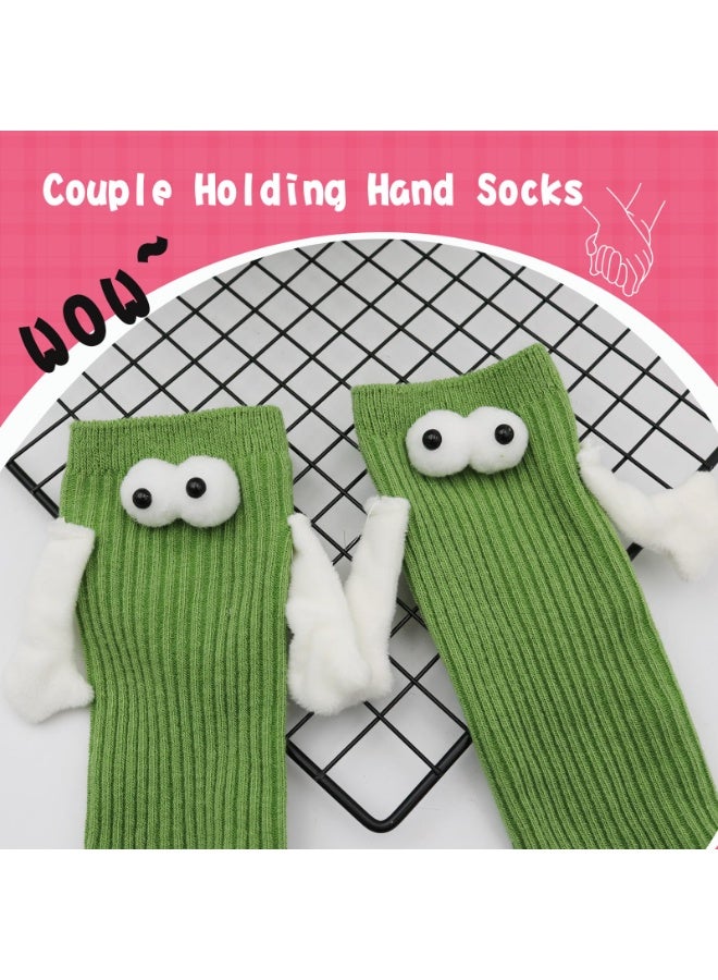 2 Pairs Children's Hand Holding Socks, Boy and Girl Mid-Calf Socks, Solid Color Cute Funny Student Sports Socks, 3D Doll Couple Sock, Funny Gift, Hand In Hand Socks, Magnetic Socks (Green, 26CM) - Image 3