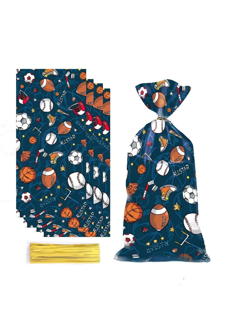 Excefore 50 Cellophane Treat Bags with Twist Ties, Baseball, Soccer, Football, Basketball Themed Goodies for Birthdays - Image 1