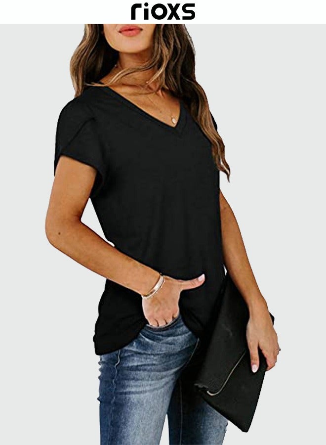 RIOXS Women's Short Sleeve T-shirt V-neck Basic Tops Casual Blouse  - Image 3