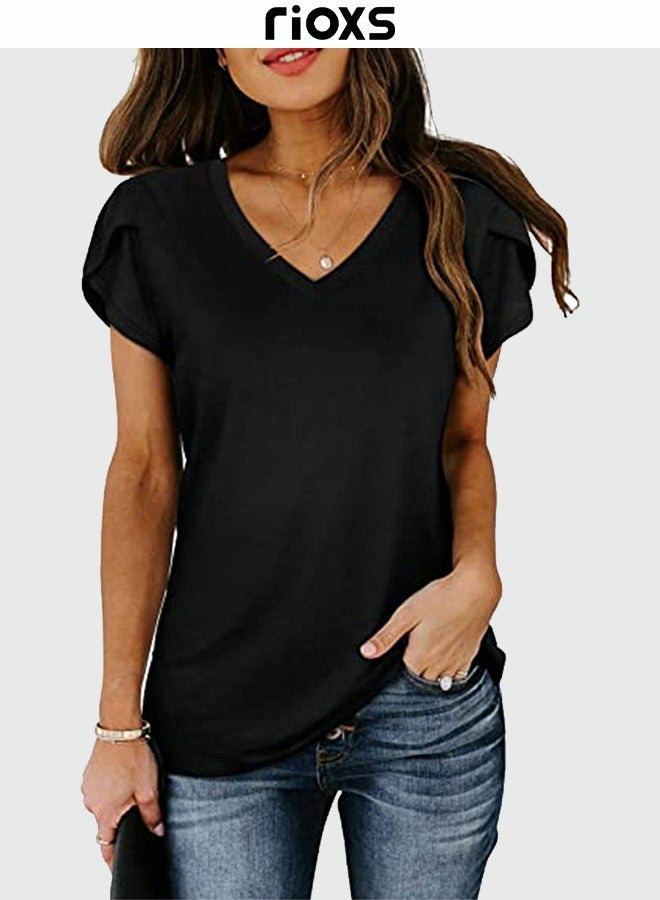 RIOXS Women's Short Sleeve T-shirt V-neck Basic Tops Casual Blouse  - Image 2