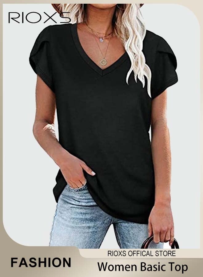 RIOXS Women's Short Sleeve T-shirt V-neck Basic Tops Casual Blouse  - Image 1