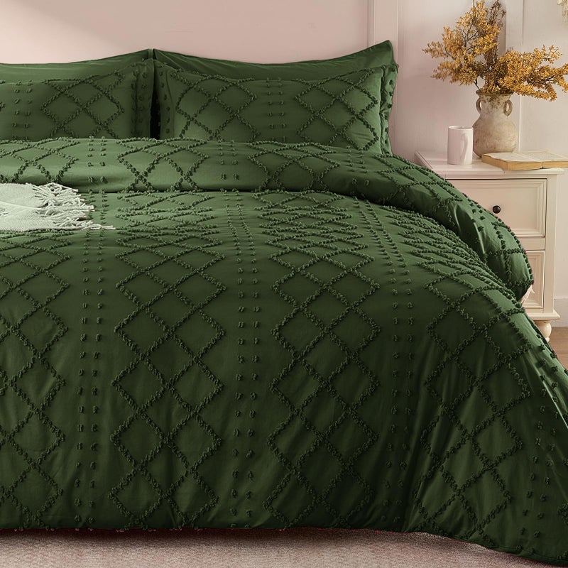 VACVELT 5PCS Boho Duvet Cover Queen Size, Olive Green Tufted Duvet Cover with Zipper & Ties, No Comforter, Shabby Chic Textured Bedding for Farmhouse Country, Breathable & Soft Microfiber - Image 1