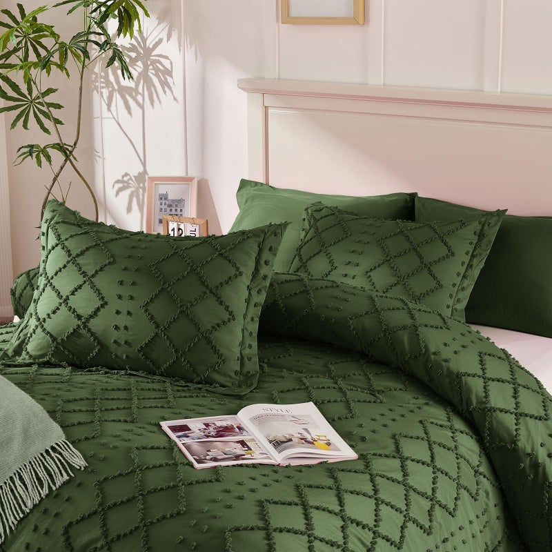 VACVELT 5PCS Boho Duvet Cover Queen Size, Olive Green Tufted Duvet Cover with Zipper & Ties, No Comforter, Shabby Chic Textured Bedding for Farmhouse Country, Breathable & Soft Microfiber - Image 2