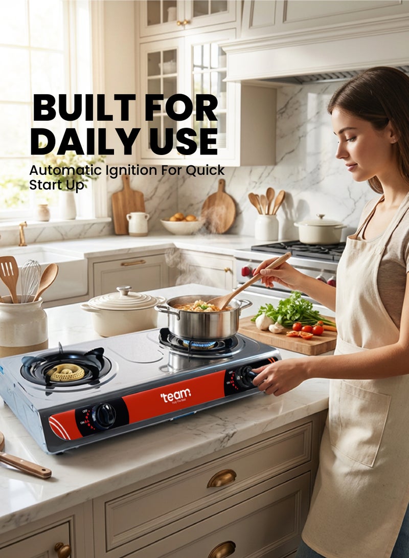 تيم Team Stainless Steel 2‑Burner Gas Stove with Automatic Ignition | High Efficiency Blue Flame | Low Gas Consumption | Detachable Trivet | LPG Gas Cooktop for Home Kitchen - Image 2