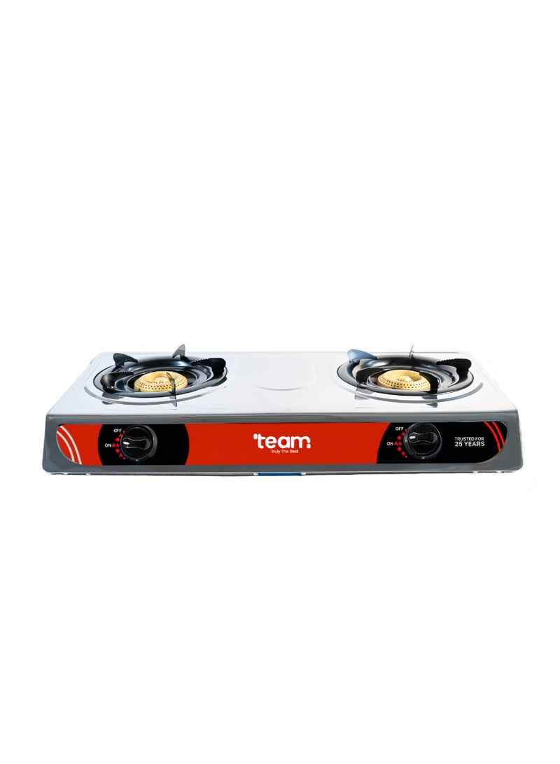 تيم Team Stainless Steel 2‑Burner Gas Stove with Automatic Ignition | High Efficiency Blue Flame | Low Gas Consumption | Detachable Trivet | LPG Gas Cooktop for Home Kitchen - Image 1