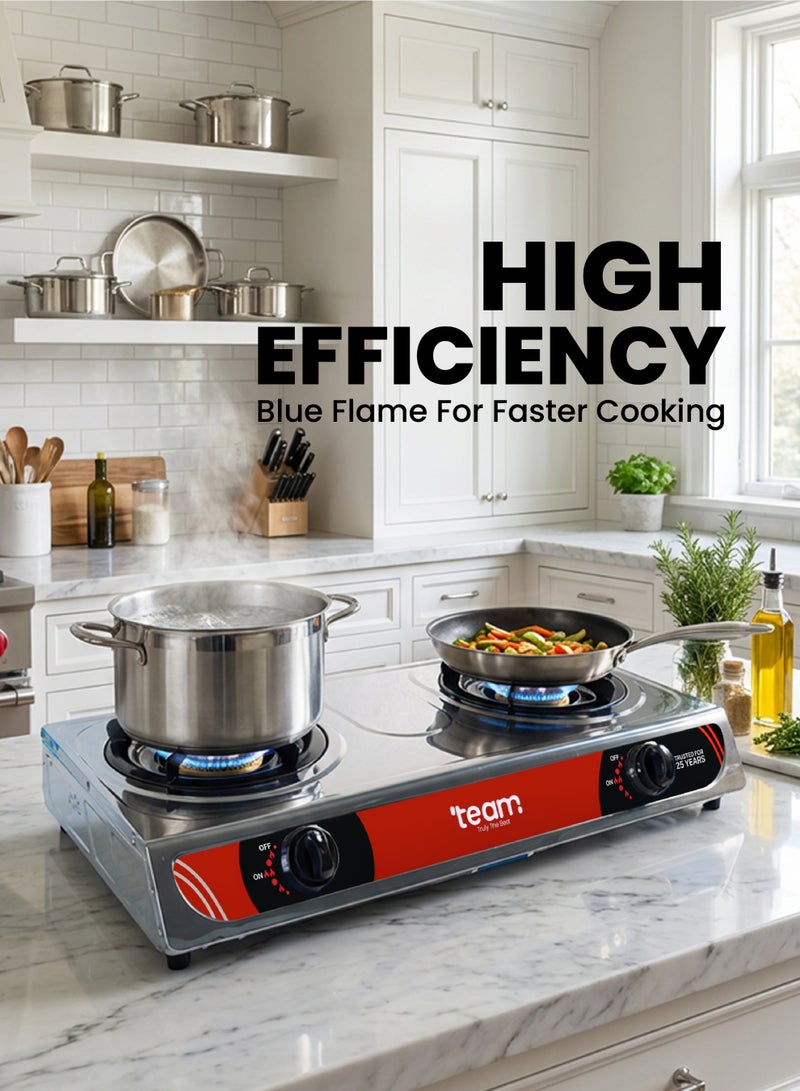 تيم Team Stainless Steel 2‑Burner Gas Stove with Automatic Ignition | High Efficiency Blue Flame | Low Gas Consumption | Detachable Trivet | LPG Gas Cooktop for Home Kitchen - Image 4